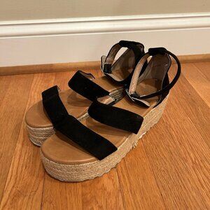 AMS Women’s Emma Platform Chunky Espadrille Faux Suede Black Sandals Size 8